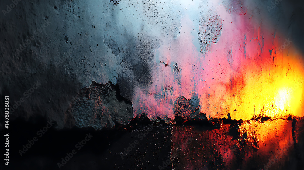 Poster colorful light on textured wall with peeling paint creating abstract and grungy background for creat