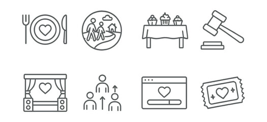 Line style icons of fundraising events: charity dinner icon, community walk badge, bake sale table, silent auction gavel, donation concert stage, peer-to-peer fundraiser chart, online campaign banner