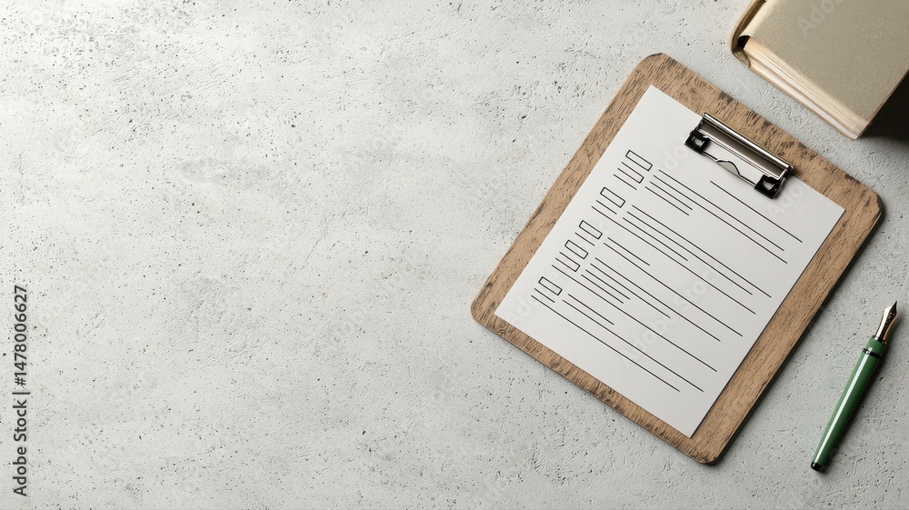 Poster clipboard with checklist and pen on concrete desk clipboard checklist desk to do list planning task