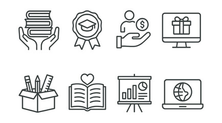 Line style icons of charity for education: donate books icon, scholarship fund badge, tutor sponsorship file, online learning gift, classroom supplies donation box, literacy support symbol,