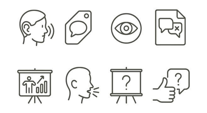 Line style icons of communication skills: active listening icon, clear message tag, eye contact badge, respectful disagreement file, body language chart, speak with confidence bubble, question for