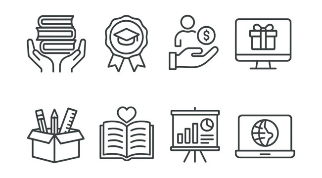 Line style icons of charity for education: donate books icon, scholarship fund badge, tutor sponsorship file, online learning gift, classroom supplies donation box, literacy support symbol,