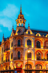 Fototapeta premium Oradea, Romania with historic buildings in Union Square , The Capital of Art Nouveau. Western Transylvania in Romania. Historical cultural city in europe