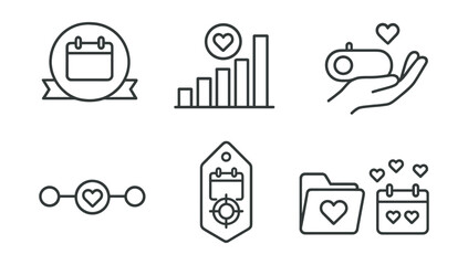 Line style icons of monthly giving programs: monthly pledge badge, impact per month chart, recurring donation toggle, consistent impact icon, donor journey timeline, monthly goal tracker tag, donor