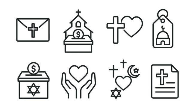Line style icons of faith-based charity: tithes envelope icon, church donation box, faith + giving symbol, mosque aid project tag, synagogue community fund, giving in worship badge, interfaith
