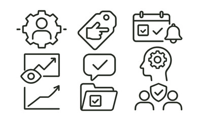 Line style icons of initiative and responsibility: self-starter badge, own your action tag, complete the task file, check-in before reminder board, look ahead chart, do what’s needed bubble,
