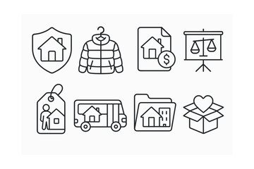 Line style icons of charity for housing and homelessness: shelter support badge, warm coat donation icon, rent relief file, housing justice chart, street outreach tag, mobile shelter bus, permanent