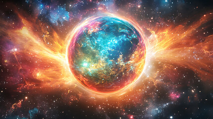 Obraz premium Fiery Cosmic Nebula Envelops Vibrant Planet in Stunning Space Art