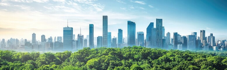 Obraz premium Distant Blue Skyscrapers Above Green Trees on Sunny Day in Urban Skyline View