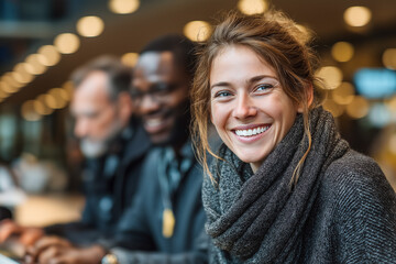 Happy young woman with friends. She is wearing a scarf and smiling at the camera with a nice group of diverse colleagues.