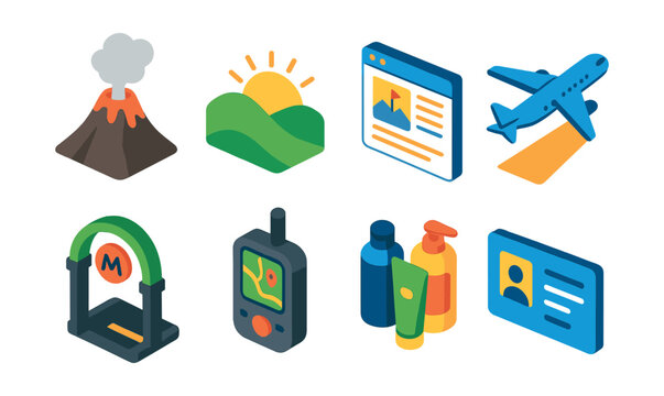 Isometric flat vector icons of Travel Exploration: volcano with smoke, sunrise over hills, travel blog page, airplane takeoff, metro station entrance, GPS device, travel-sized toiletries,