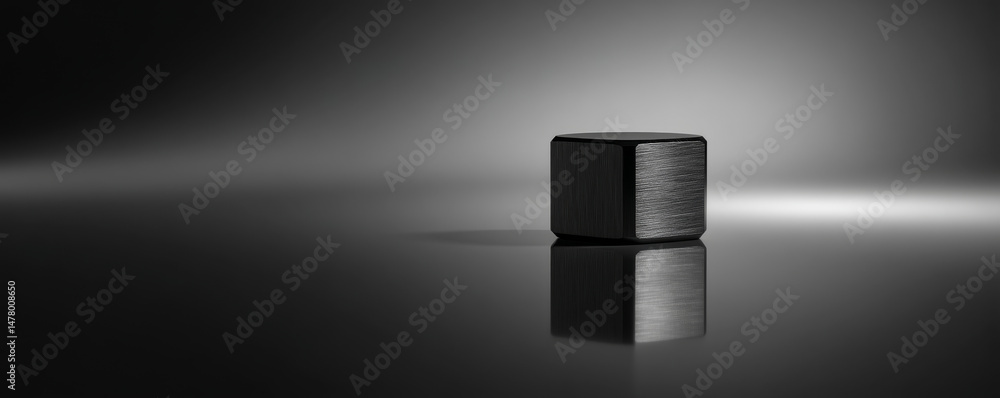 Poster a minimalist image of a black cube reflecting light on a smooth surface.