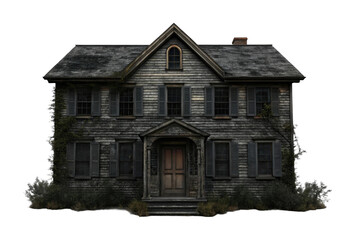 PNG Abandoned two-story house with overgrown vegetation and weathered exterior