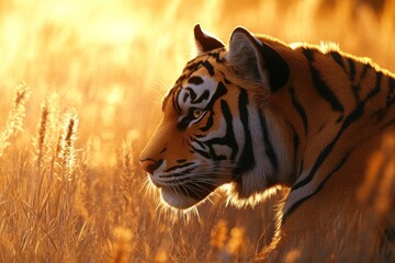 Naklejka premium Tiger in golden grassy field