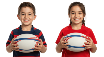 Smiling Boy and Girl Holding Rugby Balls, Isolated on Transparent PNG Background