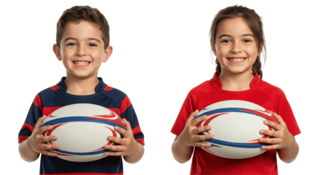 Smiling Boy and Girl Holding Rugby Balls, Isolated on Transparent PNG Background
