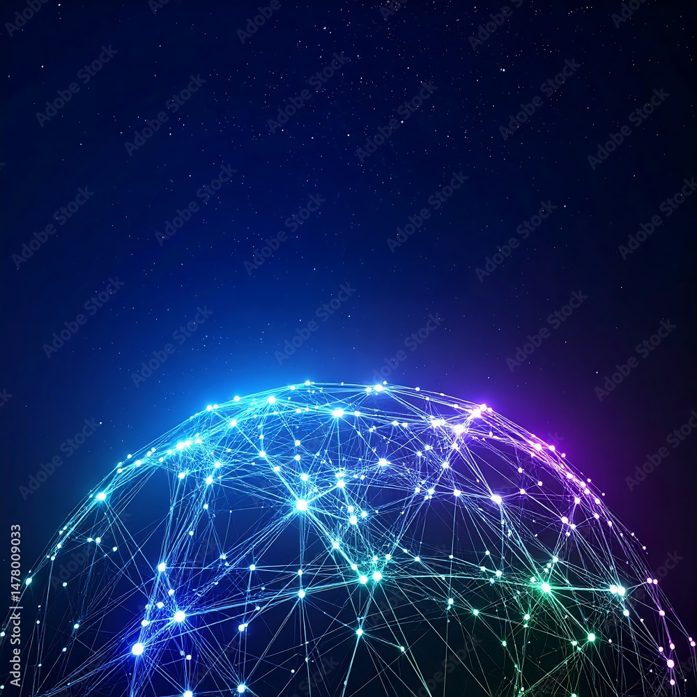 Poster abstract network globe against a starry sky. glowing lines connect nodes, symbolizing global connect
