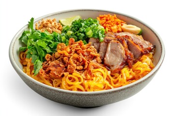 Delicious Asian Noodles with Roasted Pork, Fresh Herbs, and Crispy Garnish