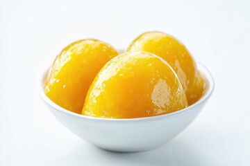 Three glossy, golden yellow fruits in a white bowl on white background