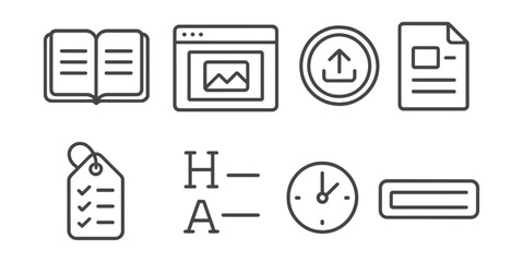 Line style icons of blog writing tools: open notebook icon, blog editor screen, publish button badge, draft post file, SEO checklist tag, header + subhead icon, reading time estimate, blog title