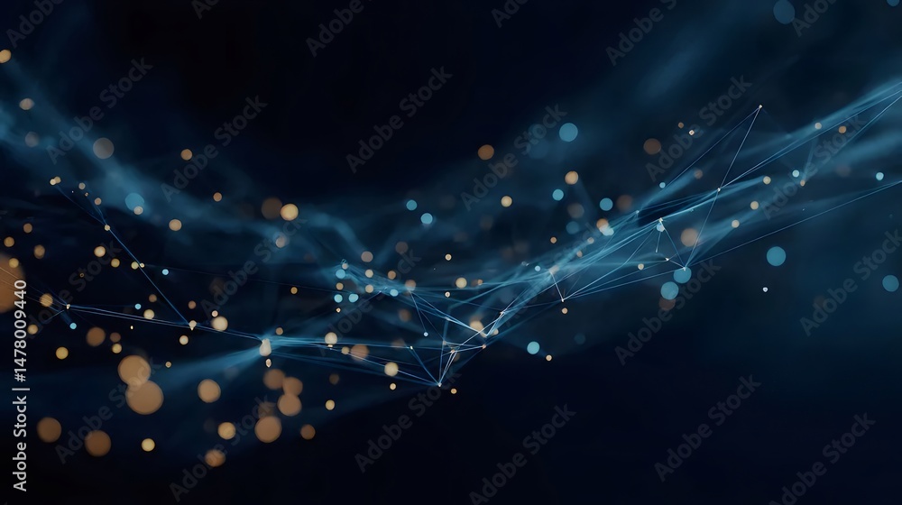 Poster abstract network background with blue wavy lines dots and spheres connecting in a digital and futuri