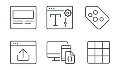 Line style icons of blog design: minimalist layout badge, theme selector icon, typography settings, color palette tag, header image upload, responsive preview screen, custom CSS file, layout grid