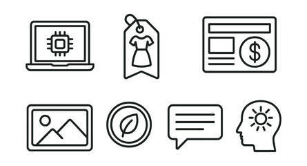 Line style icons of niche blog types: tech blog symbol, fashion blog tag, book blog badge, personal finance layout, photography post icon, green living badge, academic essay bubble, motivational blog