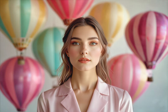 A young woman with light brown hair and a pink blazer stands confidently in front of a whimsical background of colorful hot air balloons.