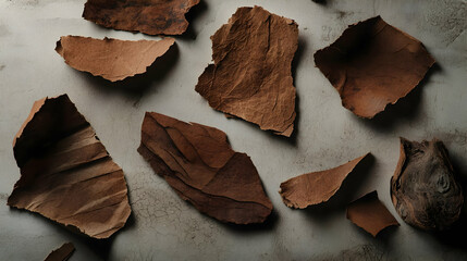 Scattered, dried, brown, leaf-like pieces on a light gray surface.  The pieces have irregular shapes and textures
