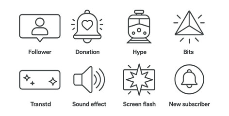 Line style icons of stream alerts and effects: “follower” popup icon, donation alert bell, hype train badge, bits cheer symbol, animated transition tag, sound effect icon, screen flash for reaction,