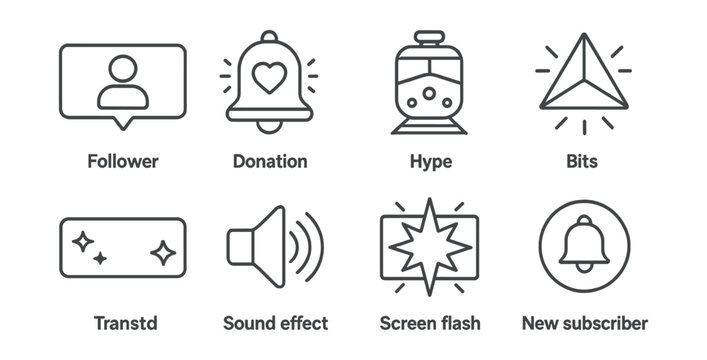 Line style icons of stream alerts and effects: “follower” popup icon, donation alert bell, hype train badge, bits cheer symbol, animated transition tag, sound effect icon, screen flash for reaction,