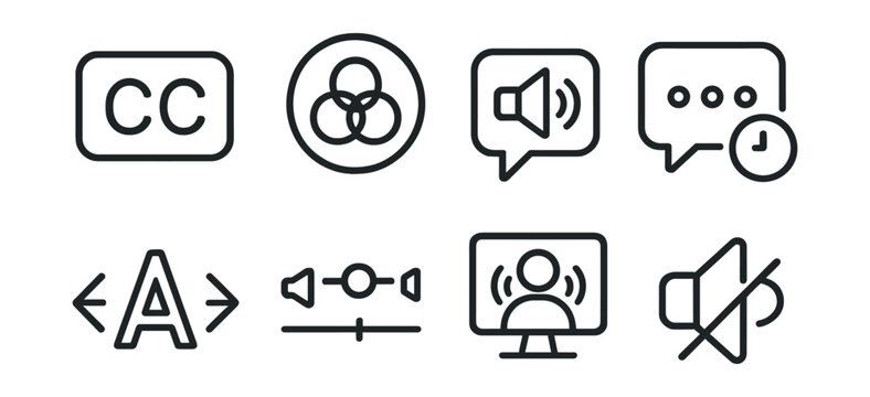 Line style icons of accessibility for streamers: subtitle toggle icon, colorblind-safe overlay, text-to-speech badge, slow mode chat icon, adjustable font tag, audio balance tool, screen reader icon,