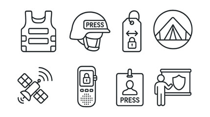 Fototapeta premium Line style icons of journalist safety: bulletproof vest icon, helmet with PRESS label, secure data transfer tag, safe zone tent, satellite signal beacon, encrypted recorder icon, press visibility