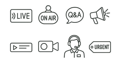 Line style icons of live reporting: live broadcast badge, on-air icon, live Q&A chat, emergency press release, real-time ticker bar, live camera icon, reporter in headset, urgent dispatch tag.