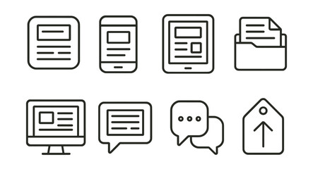 Line style icons of online news platforms: news app icon, mobile headline badge, tablet article screen, newsletter inbox file, news website homepage, social media post bubble, reader comments icon,