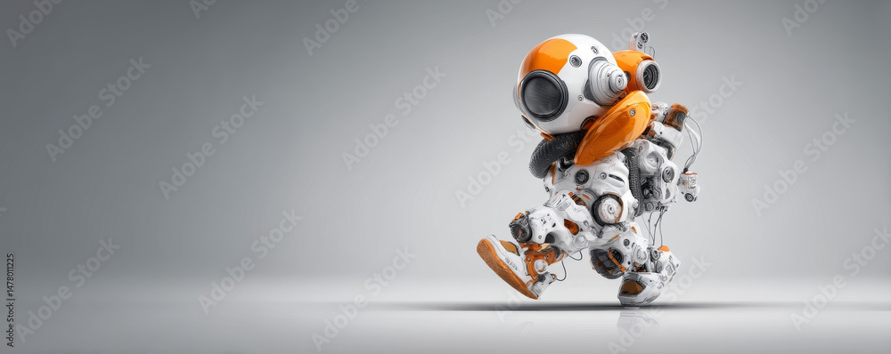 Poster a playful robot character showcasing advanced design and futuristic aesthetics.