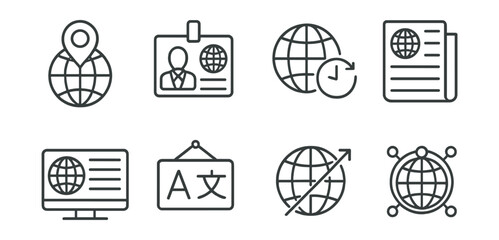 Line style icons of global news coverage: world event marker, foreign correspondent badge, time zone update icon, international press release, global headline ticker, multilingual story tag,