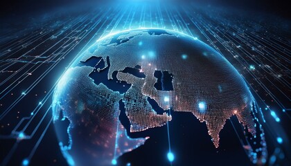 Earth represented by little dots, binary code and lines - big data, global business
