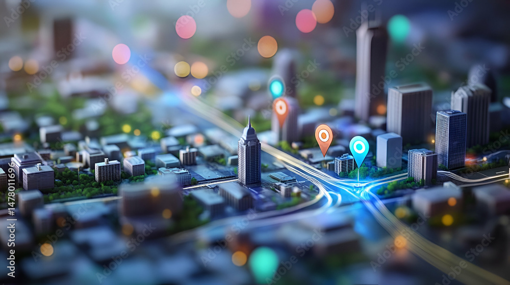 Poster night cityscape miniature model with glowing navigation points