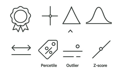 Fototapeta premium Line style icons of statistical metrics: average value badge, median point icon, mode triangle symbol, standard deviation curve, data range arrows, percentile tag, outlier detection dot, z-score line