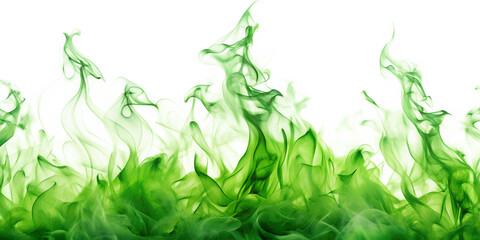 close up of small green flames with haze isolated  on  white background
