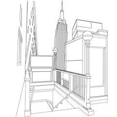 Illustration of  New York City on 34th street by the subway station facing the Empire State building.
