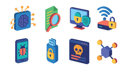 Isometric flat vector icons of Cybersecurity Essentials: AI security analytics, log file inspection tool, endpoint protection system, secured Wi-Fi network icon, mobile threat defense, encrypted USB