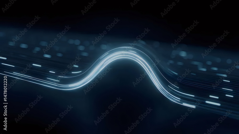 Poster flowing digital data stream in dark blue abstract background with glowing light and wave patterns fo