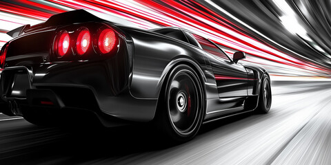 Fototapeta premium Black Sports Car Accelerating in a Blur of Vibrant Motion Lines