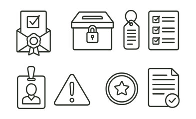 Line style icons of voting integrity: ballot seal icon, secure storage box, chain of custody tag, vote audit checklist, poll watcher badge, fraud alert triangle, certified result stamp, verification