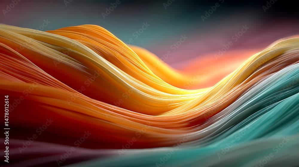 Poster abstract gradient waves flowing background in warm orange and teal tones,elegant surface with light 