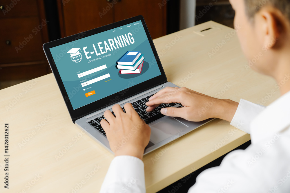 Poster e-learning website with modish sofware for student to study online on the internet network