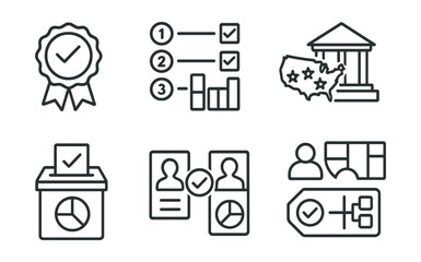 Line style icons of voting systems and structures: first-past-the-post badge, ranked-choice layout, proportional system chart, electoral college icon, open primary symbol, runoff election round,