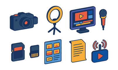 Isometric flat vector set of illustrations of video content creation: vlogging camera, ring light, video editor screen, microphone, memory card, storyboard, script, livestream icon.
